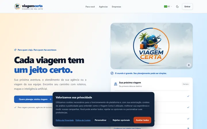Página inicial do site Viagem Certa